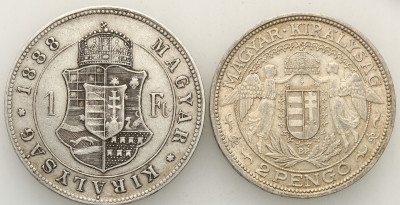 Węgry 1 forint 1888 KB + 2 pengo 1938 - 2 szt