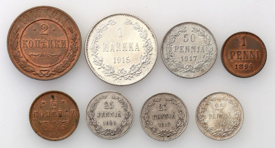 Rosja, Finlandia. Mikołaj II. Zestaw 8 monet
