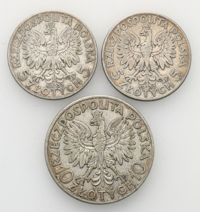 2 x 5 złotych 1933 + 10 złotych 1932 głowa kobiety