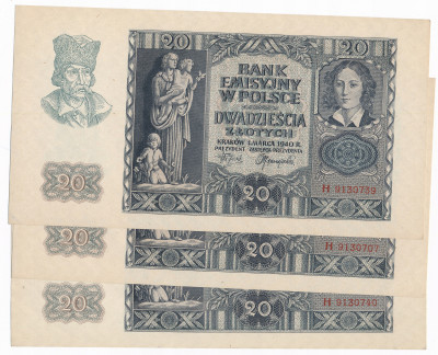 20 złotych 1940, seria H - zestaw 3 banknotów