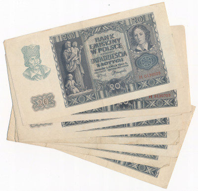 20 złotych 1940, seria H - zestaw 8 banknotów