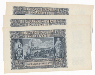 20 złotych 1940, seria H - zestaw 3 banknotów