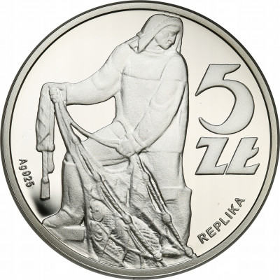 Polska REPLIKA monety 5 złotych 1958 Rybak SREBRO