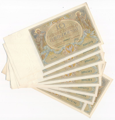 10 złotych 1929 seria FŁ i FC - lot 10 banknotów