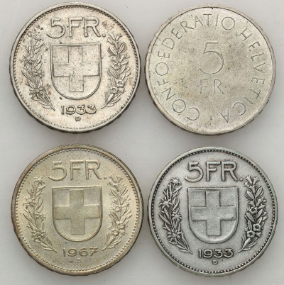 Szwajcaria 5 sFr 1933-67 - 4 szt. - SREBRO st.2/3