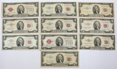 Banknoty USA 2 dolary 1928-1963 zestaw 10 szt st.3