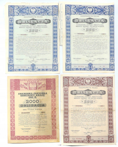 Obligacja wart. 100 zł 1935 + 2000 zł 1946 – 4 szt