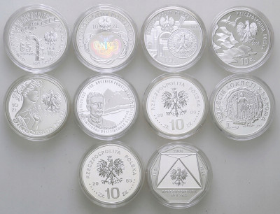 10 złotych 2004-2010 SREBRO - zestaw 10 szt. st.L