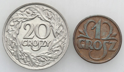 II RP. Grosz 1932 + 20 groszy 1923 – PIĘKNE