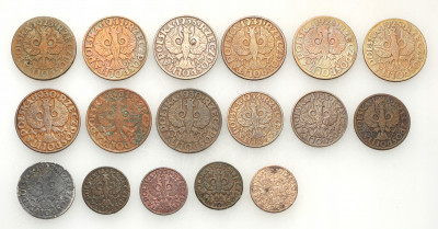 II RP. 1, 2, 5, 10 groszy 1923-1935, 17 sztuk