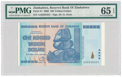 Zimbabwe banknot 100 trylionów 2008 PMG 65 EPQ