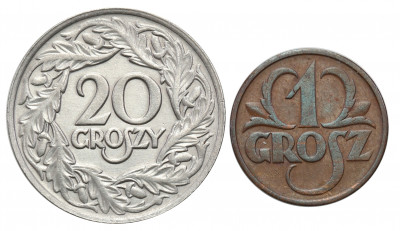 II RP grosz 1932 + 20 groszy 1923 – PIĘKNE