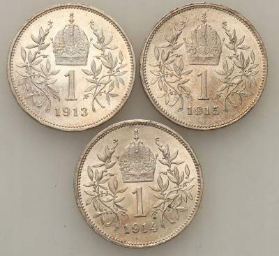 Austria 1 korona 1913-1915, zestaw 3 szt. - PIĘKNE
