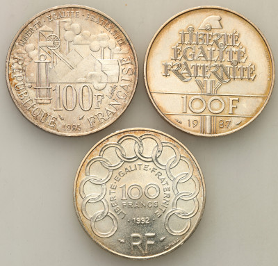 Francja 100 franków 1985, 1987, 1992, zestaw 3 szt