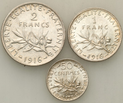 Francja. 50 centimes, frank, 2 franki 1916, 3 szt.