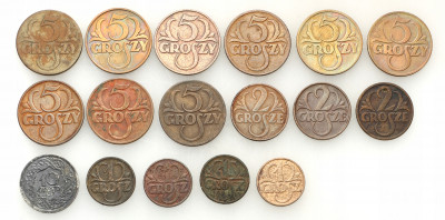 II RP. 1, 2, 5, 10 groszy 1923-1935, 17 sztuk