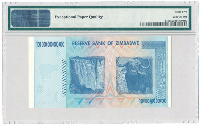 Zimbabwe banknot 100 trylionów 2008 PMG 65 EPQ