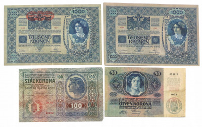 Austria 50 - 1.000 koron 1902 (1919) zestaw 4 szt
