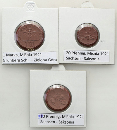 Niemcy 20, 50 fenigów, 1 marka 1921 porcelana 3szt