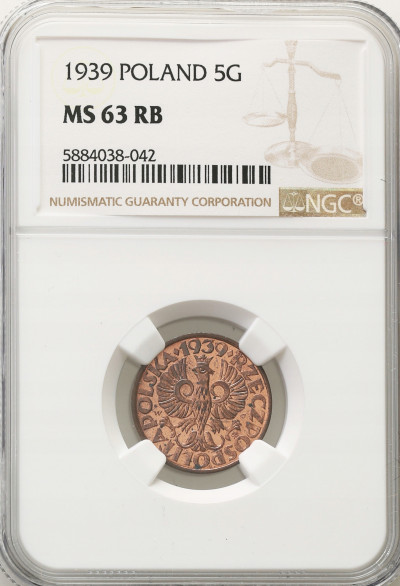 II RP 5 groszy 1939 NGC MS63 RB