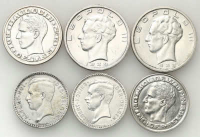 Belgia 20, 50 franków 1935-58 zestaw 6 szt. SREBRO