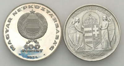 Węgry, 5 pengo 1939 + 100 forintów 1974, SREBRO