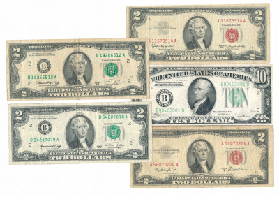 Banknoty USA 2 + 10 dolarów rzadsze daty (5 szt.)