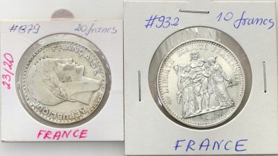 Francja 10 + 20 franków 1933-67 - 2 szt., SREBRO