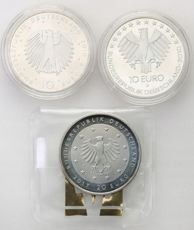 Niemcy, 10, 20 euro 2010-17, zestaw 3 szt., SREBRO