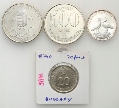 Węgry 20 - 500 forintów 1988-1993, 4 szt. SREBRO