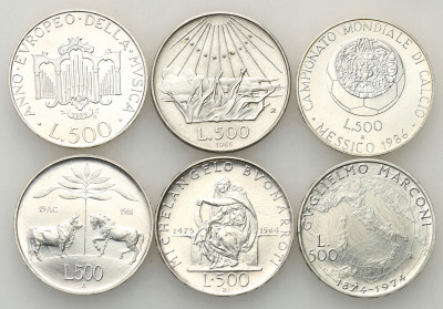 Włochy, 500 lirów 1965-1986, zestaw 6 szt. SREBRO