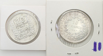 Francja 10 + 20 franków 1933-67 - 2 szt., SREBRO