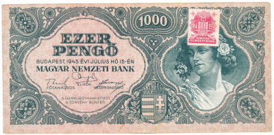 Banknot Węgry 1000 Pengo 1945( czerwony znak) st2-
