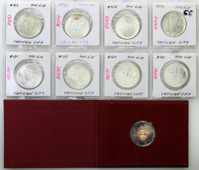 Watykan, 500 lire, zestaw 9 monet, SREBRO, RÓŻNE