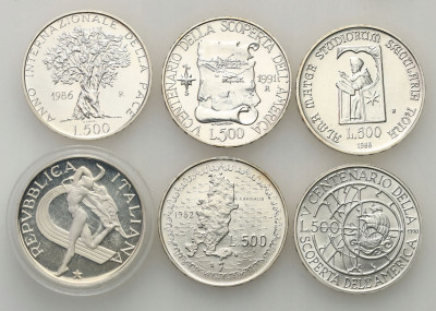 Włochy, 500 lirów 1982-1991, zestaw 6 szt. SREBRO