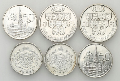 Belgia 20, 50 franków 1935-58 zestaw 6 szt. SREBRO