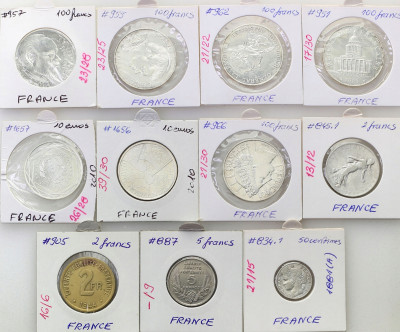 Francja, zestaw 11 monet, SREBRO, RÓŻNE