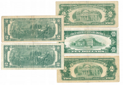 Banknoty USA 2 + 10 dolarów rzadsze daty (5 szt.)