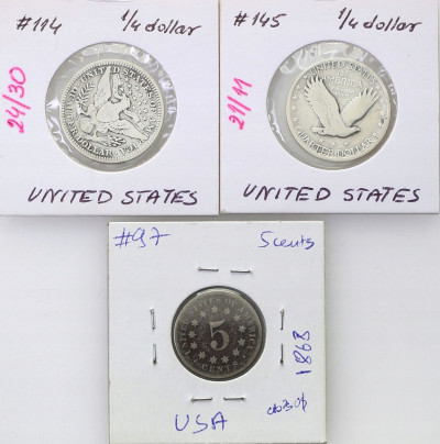 USA, 5 centów, 1/4 dolara 1868-1930, zestaw 3 szt.