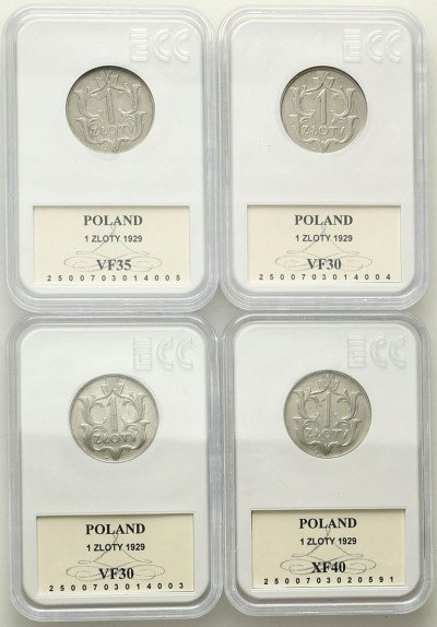 1 złoty 1929 - zestaw 4 sztuk - polski grading