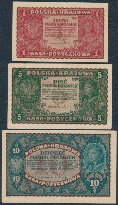 Polska. 1 + 5+ 5 marek polskich 1919 – 3 banknoty