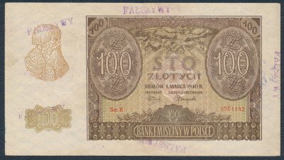 Banknot. 100 złotych 1940 - B – FAŁSZYWY