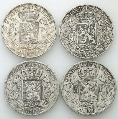 Belgia 5 franków 1868-73 (4 szt) Leopold II st.3-