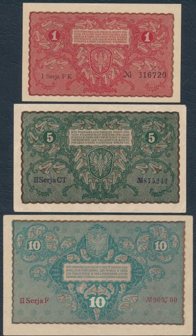 Polska. 1 + 5+ 5 marek polskich 1919 – 3 banknoty