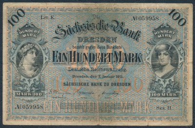 Banknot Niemcy Saksonia 100 Mark 1911 Dresden st.3