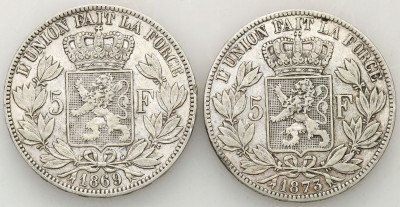 Belgia 5 Franków 1869 + 1873 - zestaw 2 szt. st.3