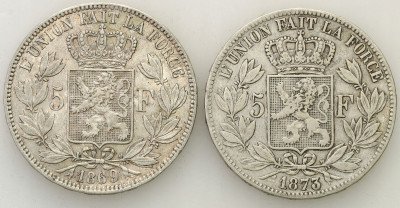 Belgia 5 franków 1869 + 1873 zestaw 2 sztuk