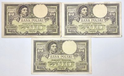 500 złotych 1919 Kościuszko seria A, zestaw 3 szt.