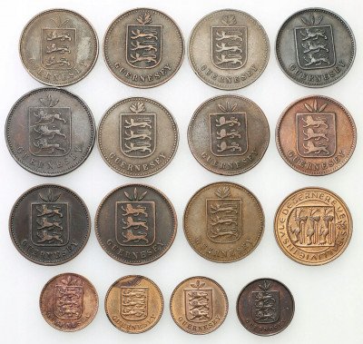 Guernsey 1, 4 doubles 1830 – 1956, zestaw 16 monet