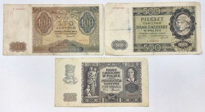Banknoty 20,100 + 500 złotych 1940-1941 – 3 sztuki